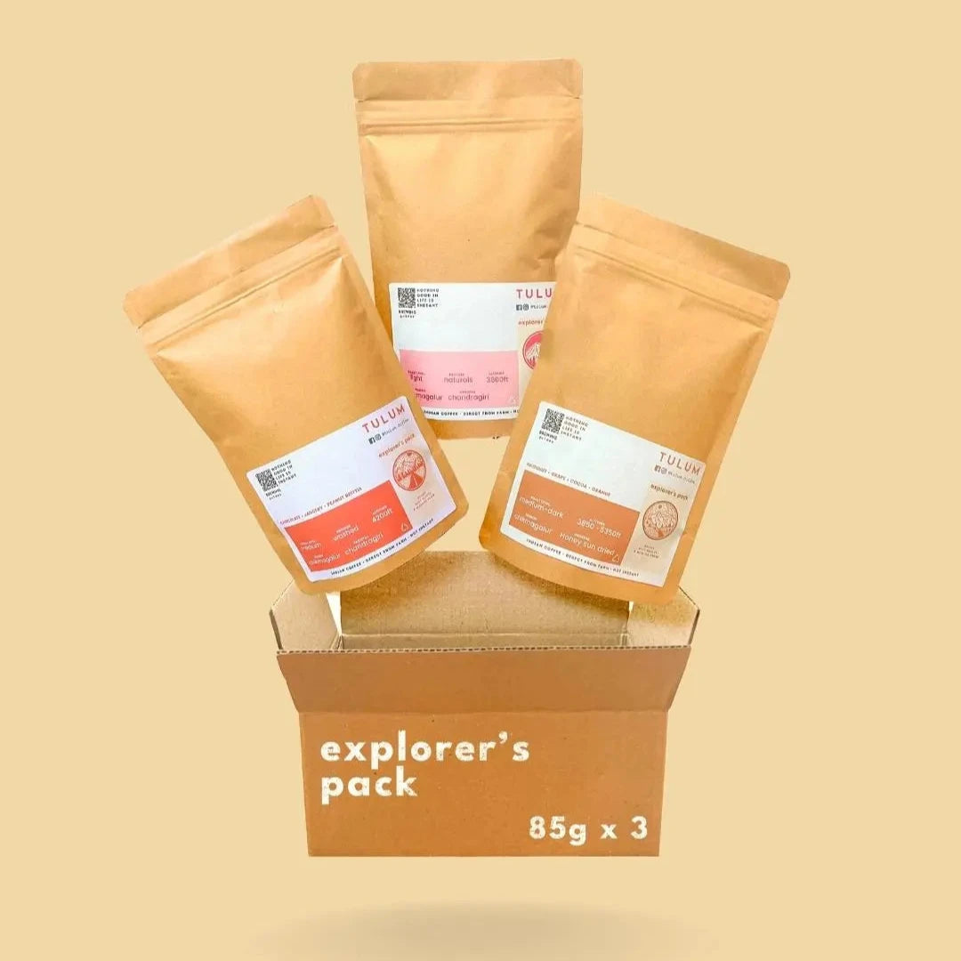 Tulum's Explorer's Pack - Arabica coffee in brown packets with different Roast profiles .