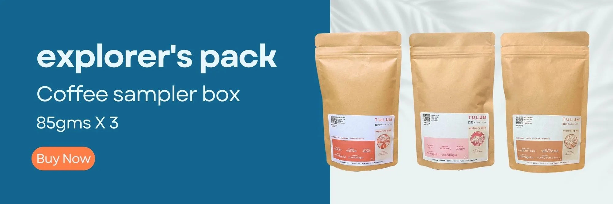Explorer's Pack is a coffee sample box with 85 grams of coffee in 3 brown resealable packets with different roasting profile and flavour notes.