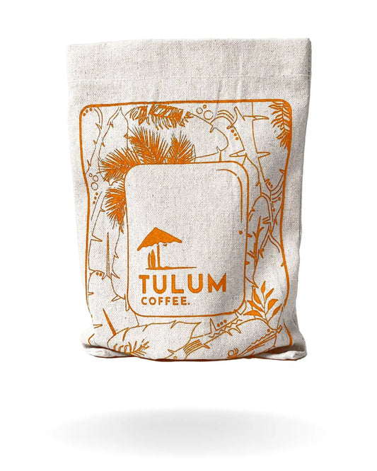 A close up of Tulum's Coffee cloth bag - Baarbara HSD with Hazelnutty notes.
