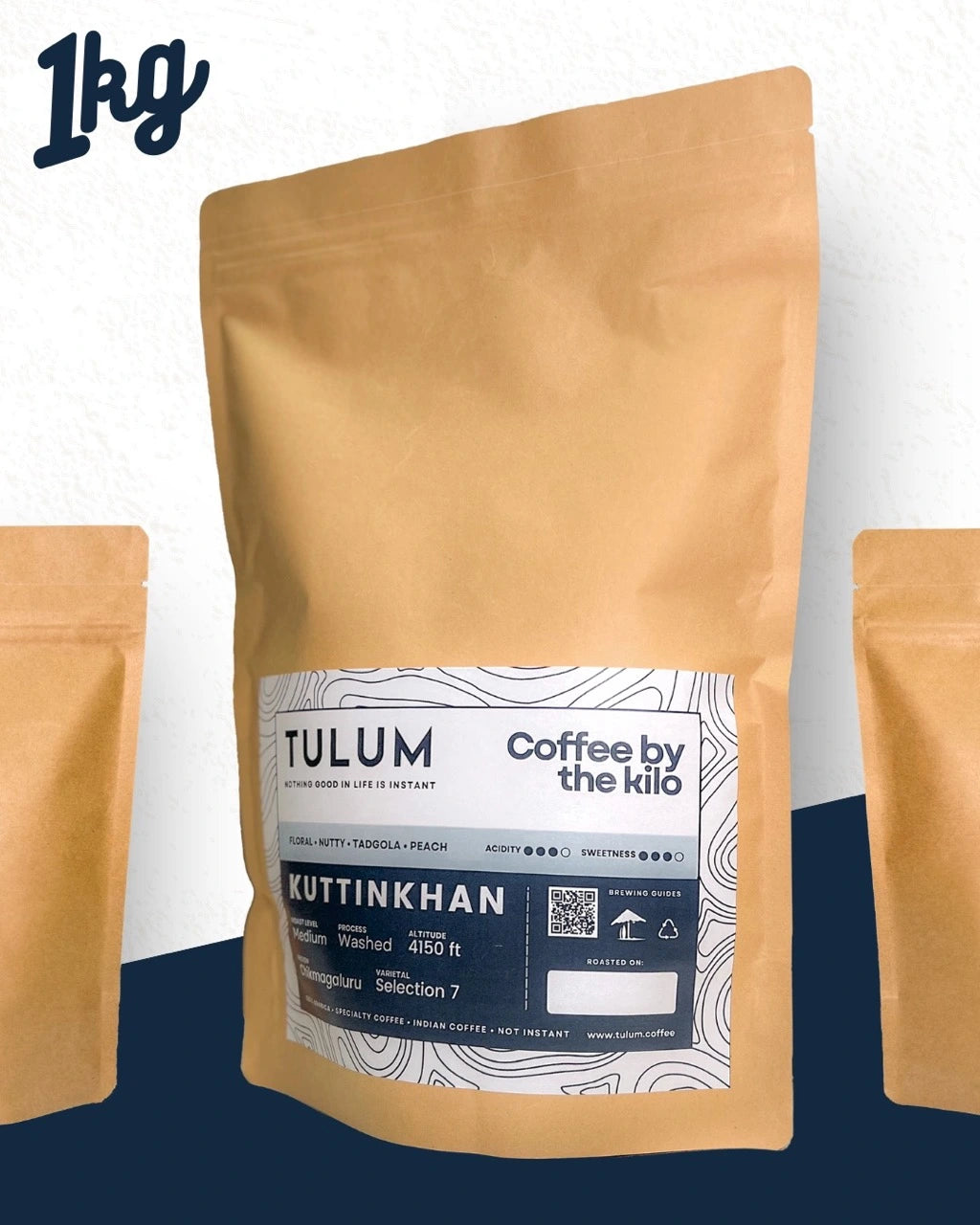 Coffee by the Kilo by Tulum Coffee - Kuttinkhan Arabica Coffee Beans in Brown Resealable Packets with Fruity and Floral notes