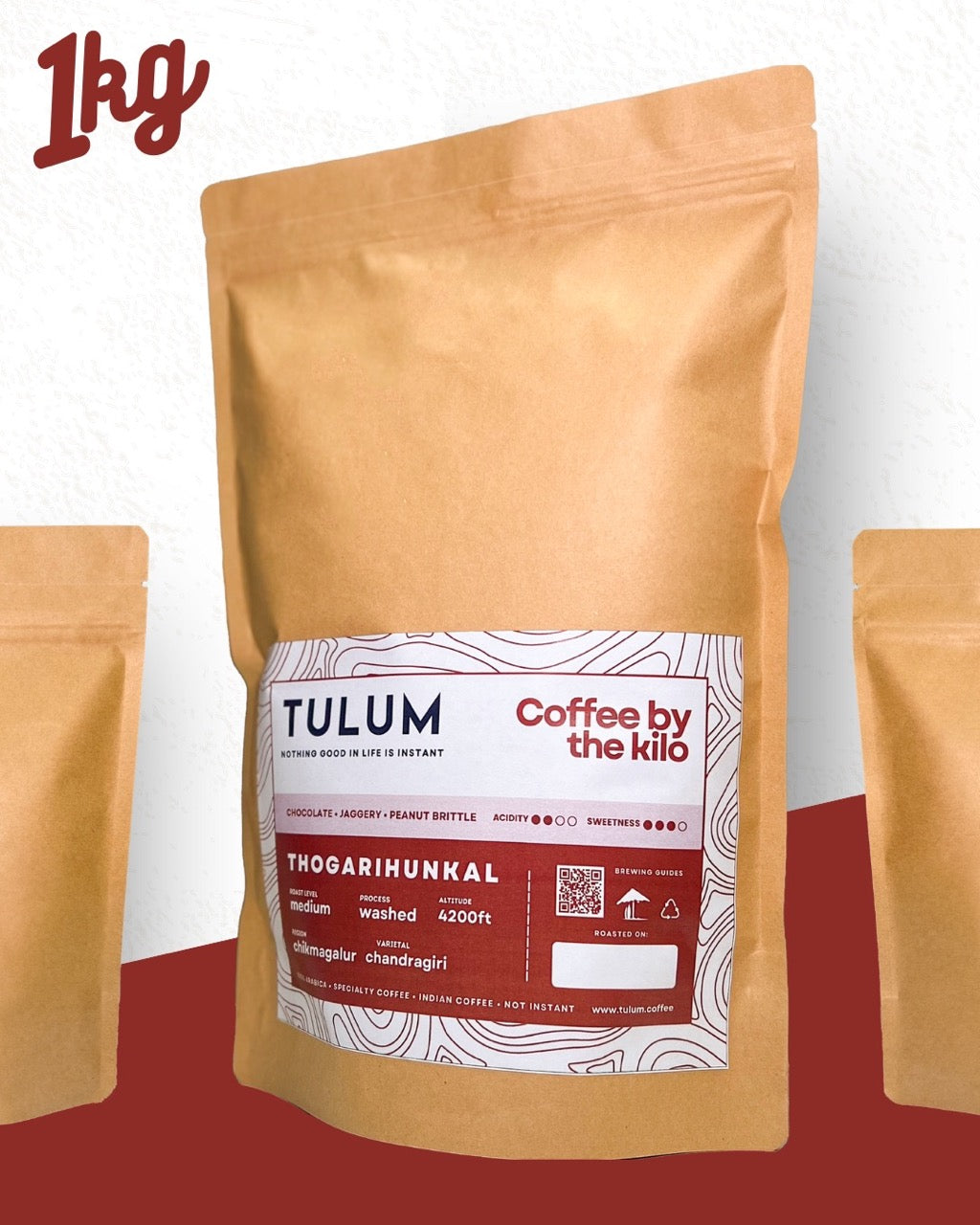 Coffee By the Kilo by Tulum Coffee in Brown Resealable Packet which is Thogarihunkal Washed and Arabica Coffee with Chocolatey Flavour Notes.