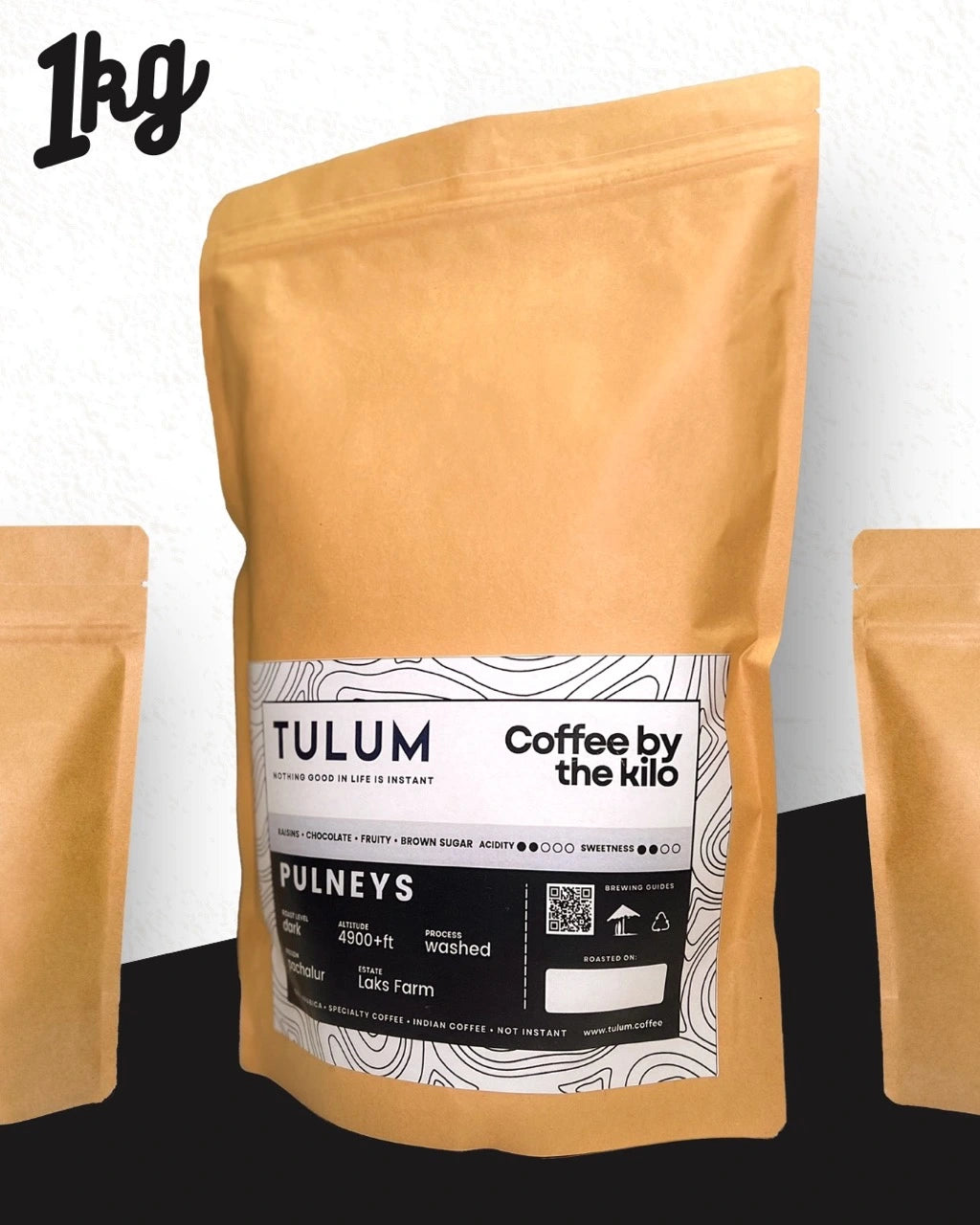 Pulneys 100% Organic And Arabica Coffee Beans By Tulum Coffee in a Brown Resealable Packets for 1 kilo with Dark and Fruity notes.