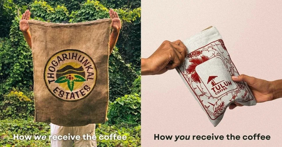 An Image of Thogarihunkal Estate gunny bag and Red cloth bag by tulum coffee in which you receive the coffee.