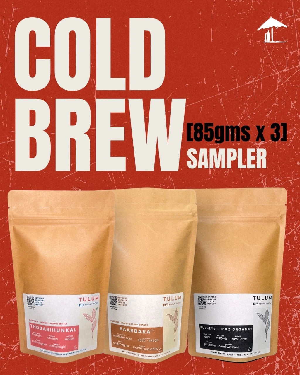 A close up of Brown Packets of Tulum's Cold Brew sampler. 