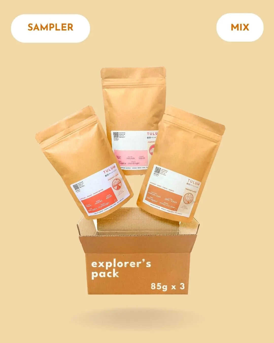 Tulum's Explorer's Pack - Arabica coffee in brown packets with different Roast profiles .