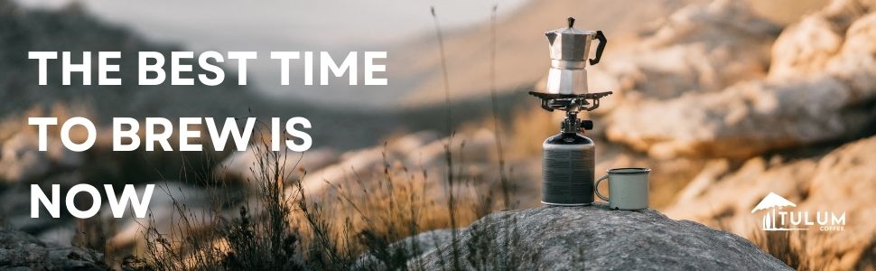Moka Pot on gas stove with a beautiful view.